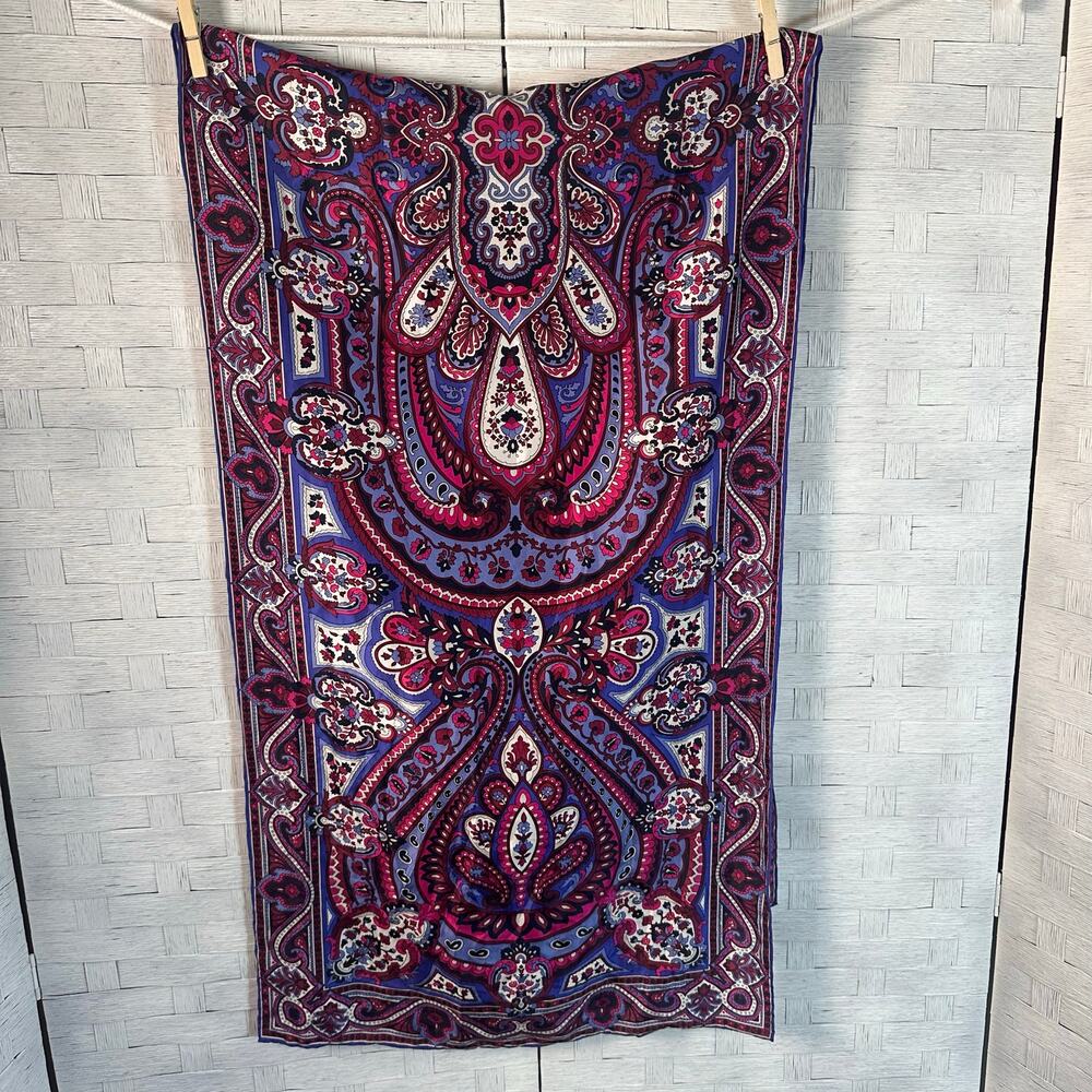Scarf‎ silk paisley, hand, hemmed, scarf, purple, pink, blue feminine preppy